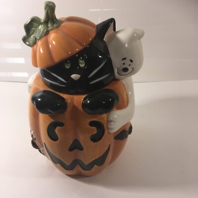 David's Cookies Vintage Cookie Jar Halloween Pumpkin Ghost Black Cat Ceramic