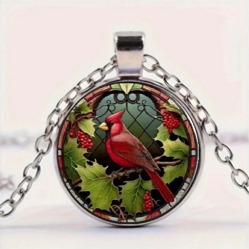 Cardinal Red Bird Floral Design Round Pendant Necklace Charm Jewelry Accessory - Picture 1 of 5