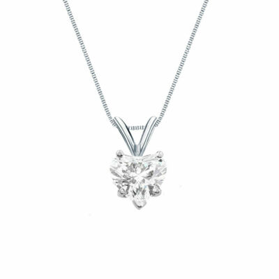 1 Ct Heart Real 14K White Gold Created Diamond Solitaire Pendant 18'' Necklace
