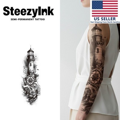 SteezyInk temporary tattoo Lighthouse Sleeve last upto 2 weeks 6 x 18 inch