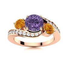 925 Sterling Silver Rose Plated Round Amethyst  Citrine Three Stone Women Ring