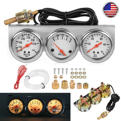 #ad 3in1 52mm 2quot; Chrome Car Triple Gauge Set Water Temp Oil Pressure Volt Meter Kit $21.99