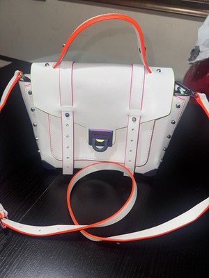 Michael Kors Manhattan Medium Contrast-Trim Leather Satchel White W/ Neon Orange
