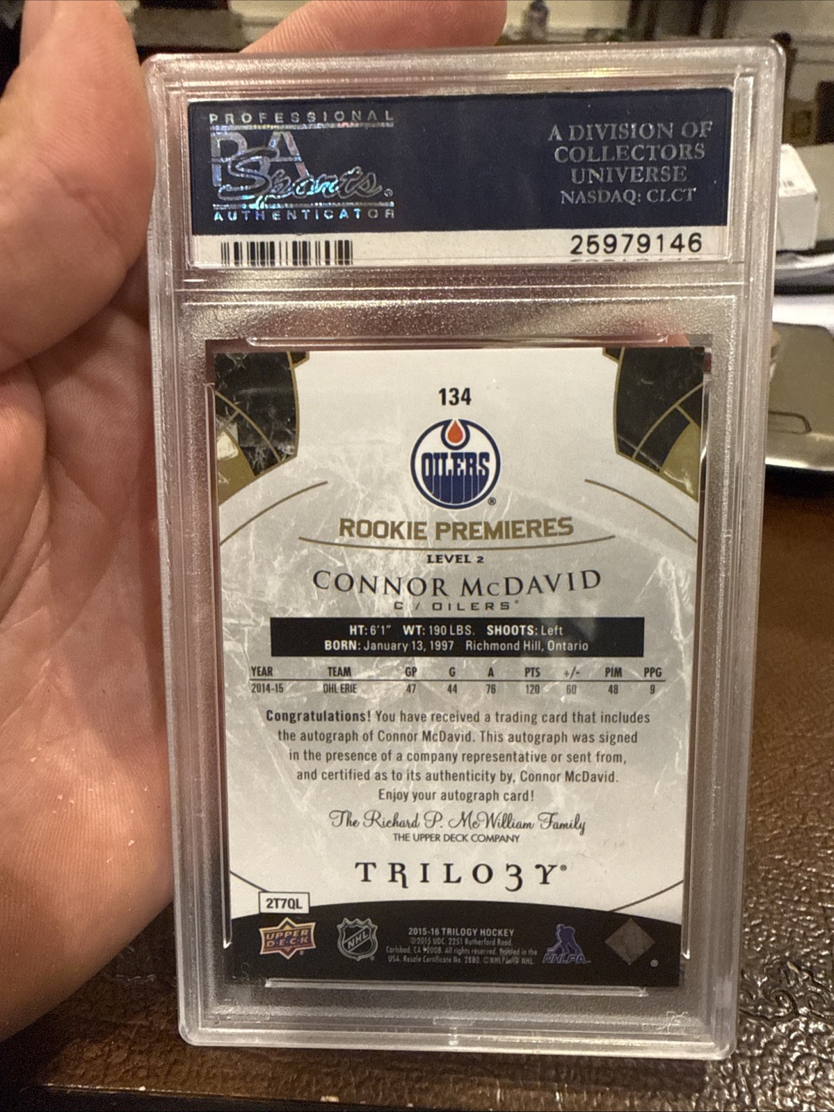 2015-16 UD TRILOGY #134 CONNOR MCDAVID ROOKIE AUTO #/499 PSA 9 MINT OILERS (RC) view 2