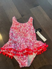 NWT NICOLE MILLER NEW YORK 1 Pc SWIMSUIT. Pink/Floral Girl's Sz 5 Pom Pom Trim