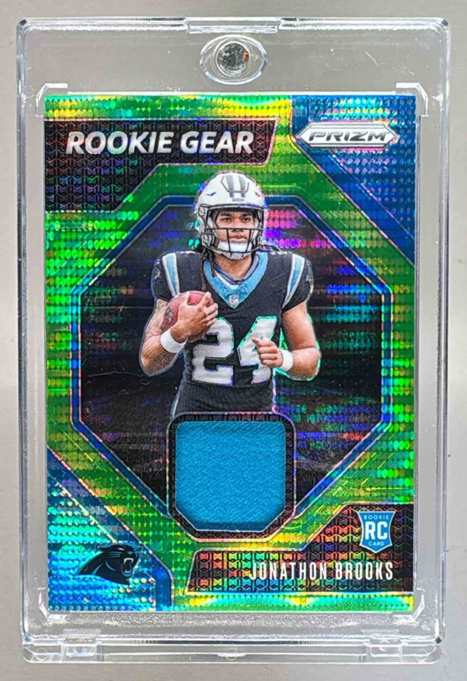 Jonathon Brooks 2024 Panini Prizm #RG-JBS Neon Green Pulsar Rookie Gear Patch RC