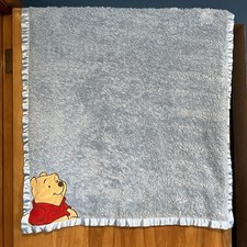 Disney Winnie the Pooh Baby Blanket Blue Satin Back  Trim Lovey Furry Sherpa