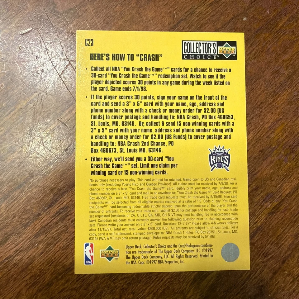 1997-98 Upper Deck Collector's Choice - You Crash the Game Mitch Richmond #C23 - Image 2 of 4