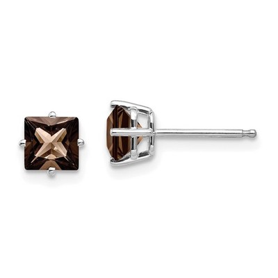 14 Karat Weißgold 5 mm quadratische Rauchquarz Ohrstecker L-6 mm, B-6 mm