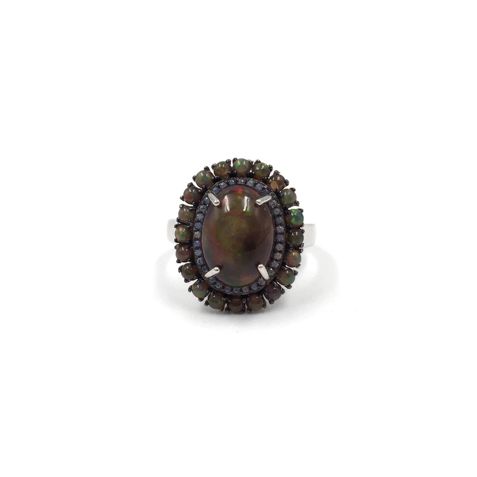 Anello in argento sterling 925 opale nero 5,13 ct opale pieno topazio blu... - Immagine 2 di 4