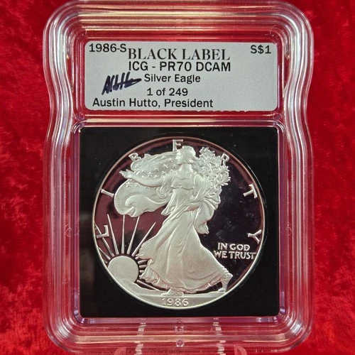 1986-S American Silver Eagle Proof ICG PR70 DCAM Austin Hutto Signed Label
