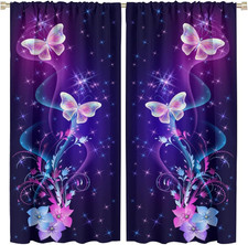 Butterfly Window Curtains,Pink Purple Butterfly Shining Light Blackout Rod Pocke