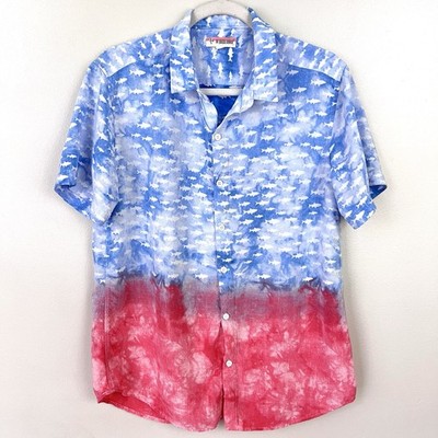 The Endless Summer Red White Blue Tie Dye Fish Print Button Down Shirt Sz Large