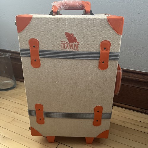 STEAMLINE LUGGAGE WHEELED CARRY ON SUITCASE STOWAWAY TAN CANVAS W ORANGE LEATHER