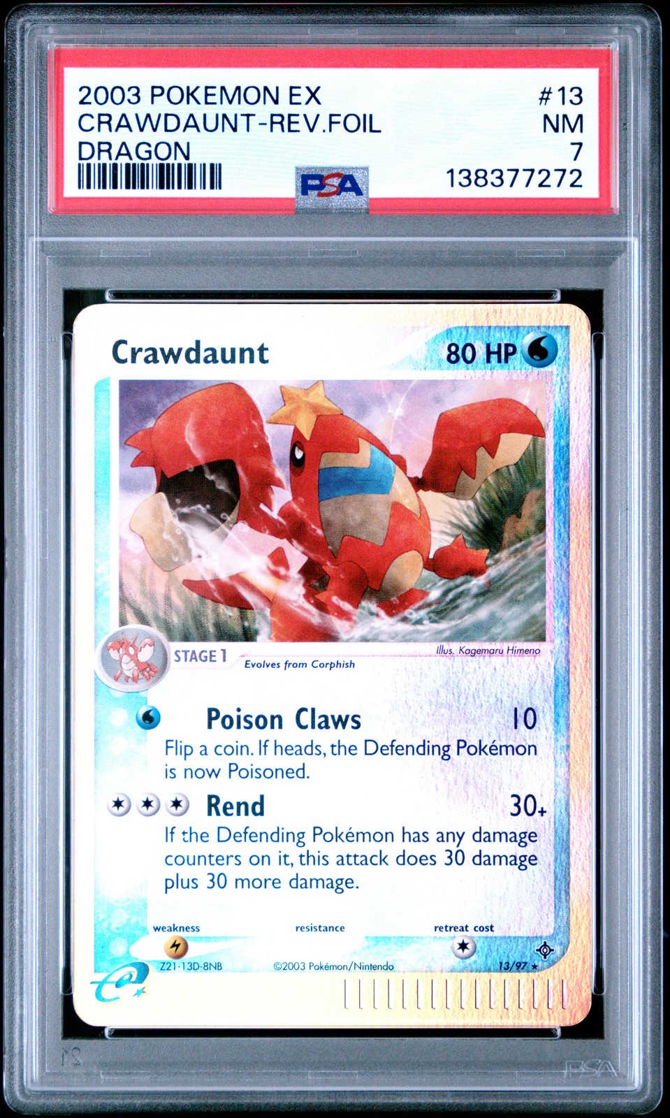 2003 POKEMON EX DRAGON #13 CRAWDAUNT-REVERSE FOIL PSA 7