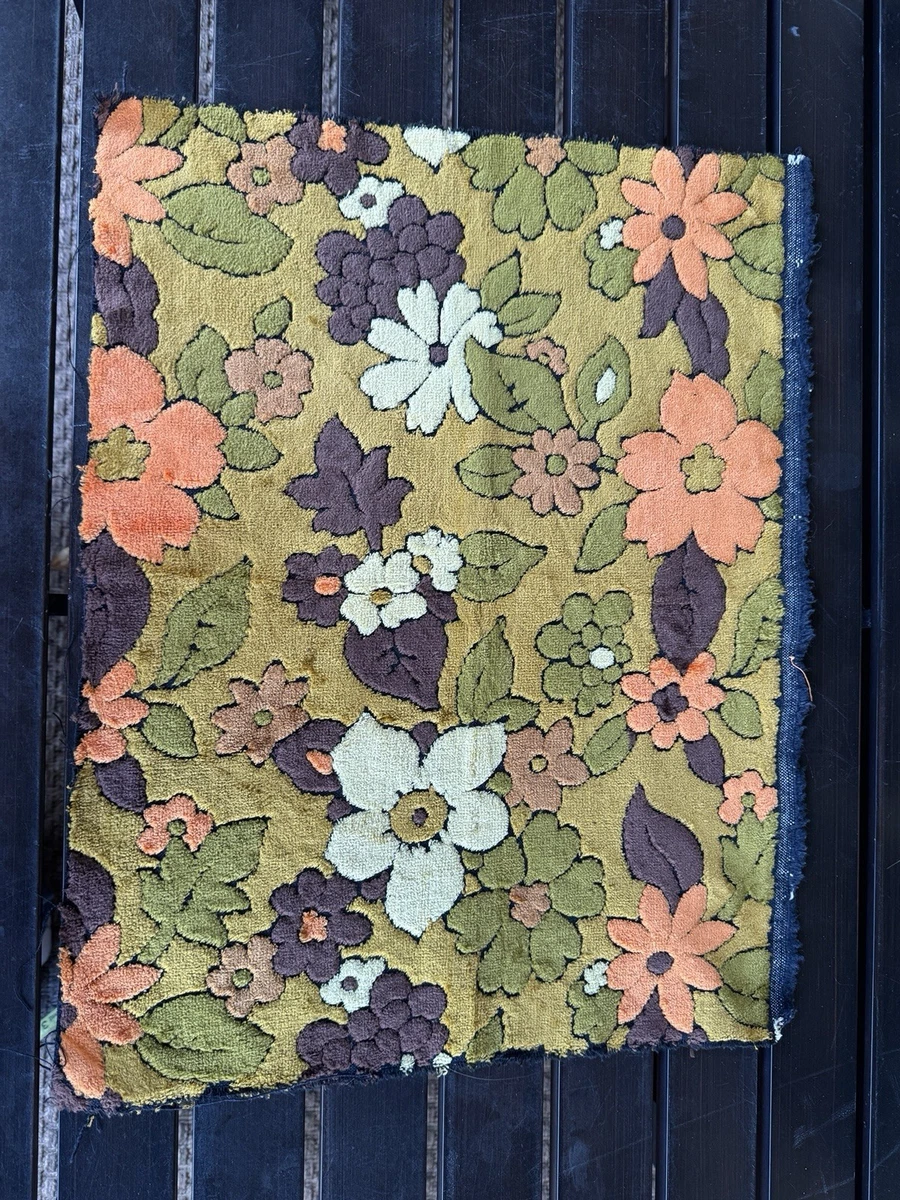 70s Upholstery Fabric 16.5 x 21” Flower Orange Brown Green Ivory Velvet-Like VTG