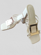 Women's White Block Heel Sandals with Gold Square Buckle New Style Mules