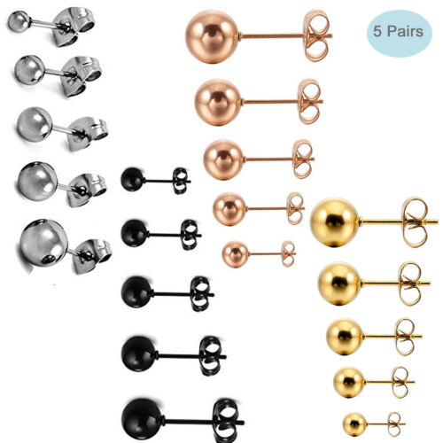 5 Pair Stainless Steel Round Ball Stud Earrings for Men Women Set Assorted Sizes - 第 1/8 張圖片