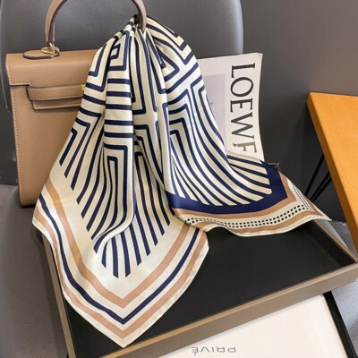 100% Mulberry Silk 27'' Square Scarf Women Neckerchief Wrap Fashion Style Striped