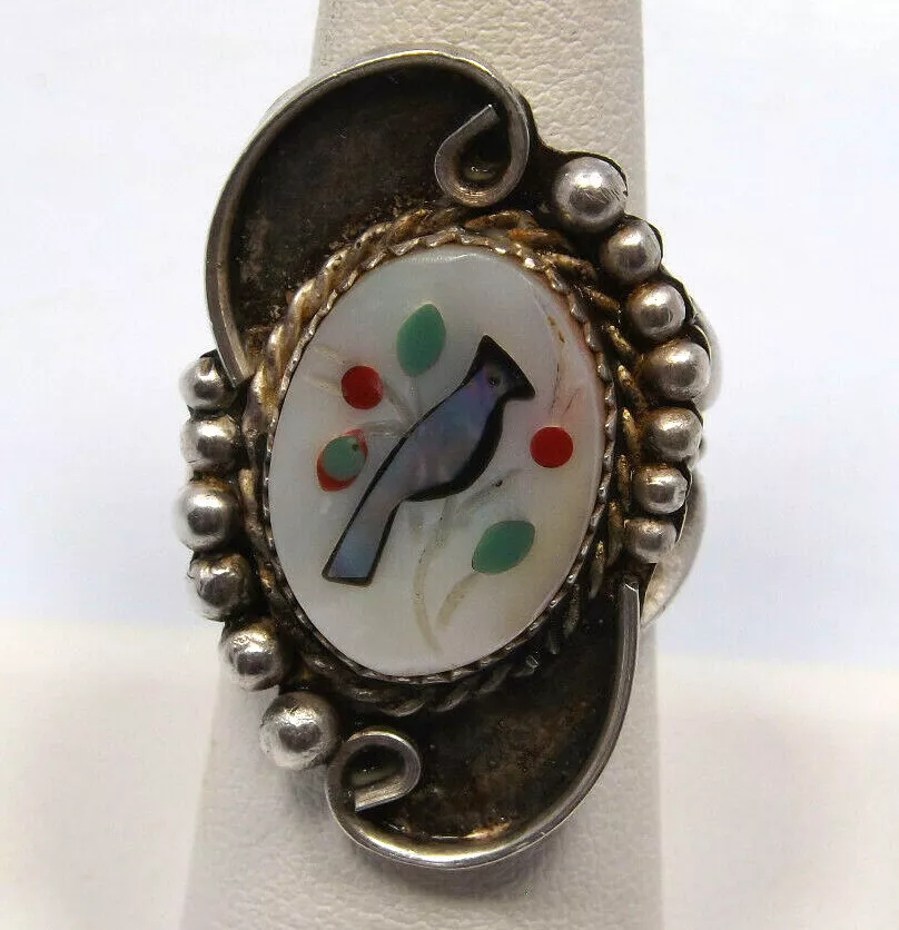 Old Pawn Native American Zuni Silver Mother of Pearl Cardinal Bird