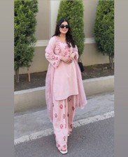 Stunning Natural Crepe Salwar Kameez With Pink Dupatta For Traditional Wear