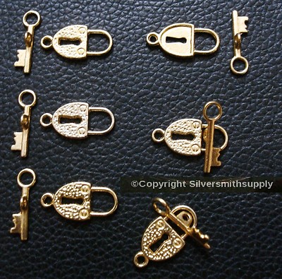 Toggle Clasps 6 Bright gold plt 21mm Padlock key make necklaces anklets fpc314