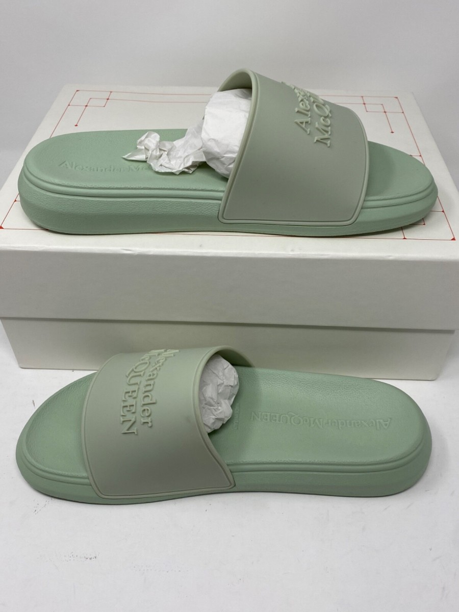 $290 Mens Alexander McQueen Hybrid Logo Slides Sandals Mint