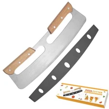 Sharp Pizza Cutter Stainless Steel Rocker Blade Knife Wooden Handle & Cover 14"