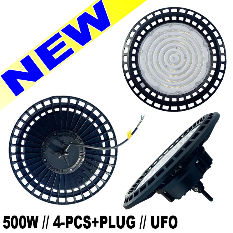 4Pc 500W UFO LED Warehouse Light Fixtures 6500K with Plug for Commercial Use