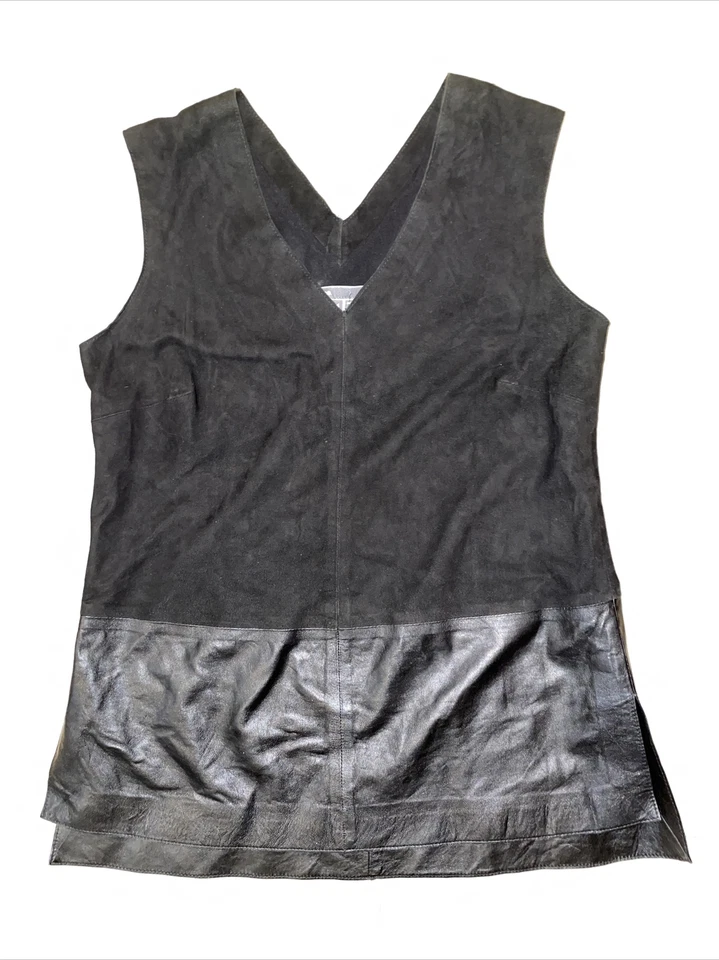 VINCE Women Black Suede & Leather V Neck Sleeveless Tank Vest Top Size 4 - Image 3 of 4