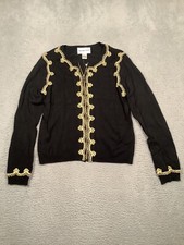 NWT Victor Costa Black Zip Sweater Cardigan Gold Ribbon Beaded Rayon Large L