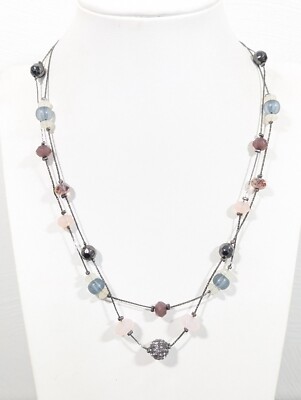 LOFT Purple Gray Smokey Glass Crystal Ball Station Double Chain Necklace 20 in