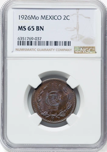 MEXICO ESTADOS UNIDOS 1926  2 CENTAVOS COIN, NGC CERTIFIED UNCIRCULATED MS65-BN