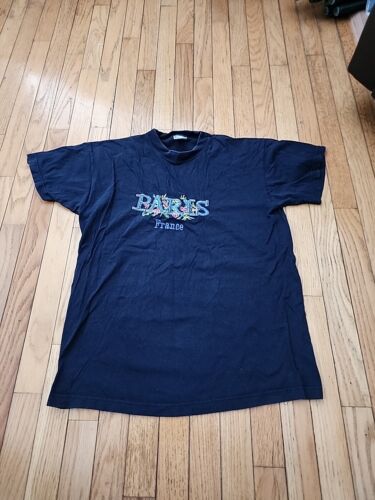 Paris France Women's Vintage Blue T-shirt Size Large Embroidered Floral Writing