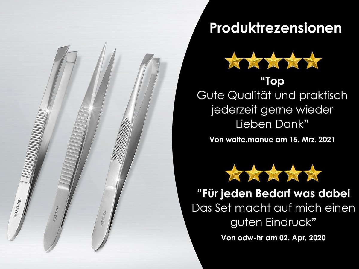 3-teiliges Augenbrauen-Pinzetten Set – Spitz, Schräg, Gerade, 8 Cm, Aus Edelstahl (mattiert & Griffig)