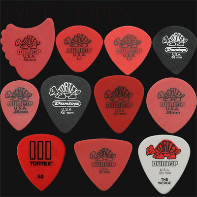 22 x Dunlop Tortex 0,50 mm Gitarren-Plektren Vielfalt - rot, Flossen, Dreieck, Keil usw.