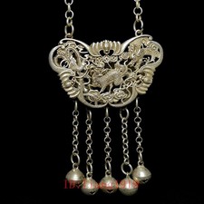 2.6 Inch Old Chinese Tibet Silver Carving Dragon Phoenix Kylin Necklace Pendant