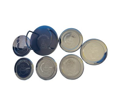Personalized coffe Coaster Set of 6  Engraved|Stainless Steel Coaster w/Holder