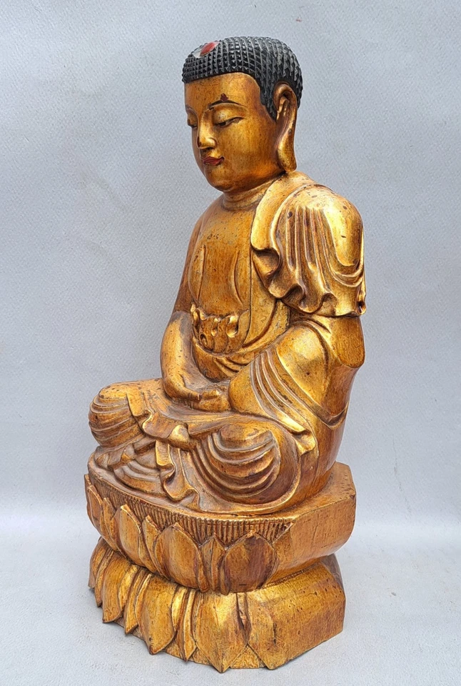 AUTHENTIQUE STATUE DE BOUDDHA EN BOIS DORE POLYCHROME / CHINE / VIETNAM / XIXE - Photo 4/4
