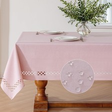 Pink Rectangle Linen Polyester Tablecloth with Decorative Cutouts, Waterproof...