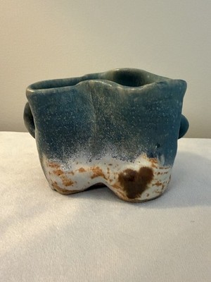 Handmade Studio Pottery Mug Double Handle Drip Glaze Art Pottery Cup Signed