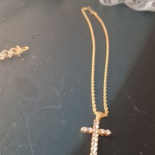 Gold Tone Cable Chain Necklace, Clear Round Crystal Prong Cross Charm Pendant
