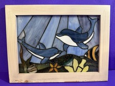 Stained Glass Window Dolphins Framed Ocean Animals 13 X 10 X 1/2  