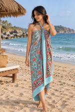 Hand Block Print Cotton Sarong Turquoise Floral Pareo Beach Wrap Boho Cover Up