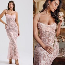 House of CB Azzurra Rose Pink Lace Godet Maxi Dress Gown Size S