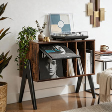 Record Player Stand with Vinyl Storage  Flip Display, Mid Century Modern Turnta