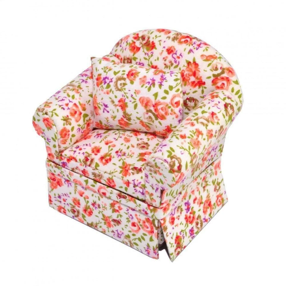 Dolls House Floral Cottage Armchair Miniature Chintz Living Room Furniture - Image 1 of 1