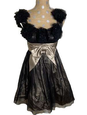 VTG Y2K Betsey Johnson Black Dress Rosette Tulle  Party Event Whimsigoth Dark