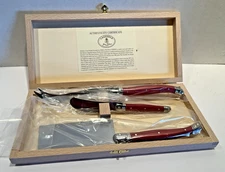 NIB Laguiole Jean Dubost France 3-Piece SS Cheese Knife Set Red Handle