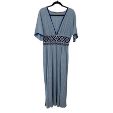 Boho Crinkle Maxi Dress Blue Embroidered Waist M Tribal Western Indie Flowy